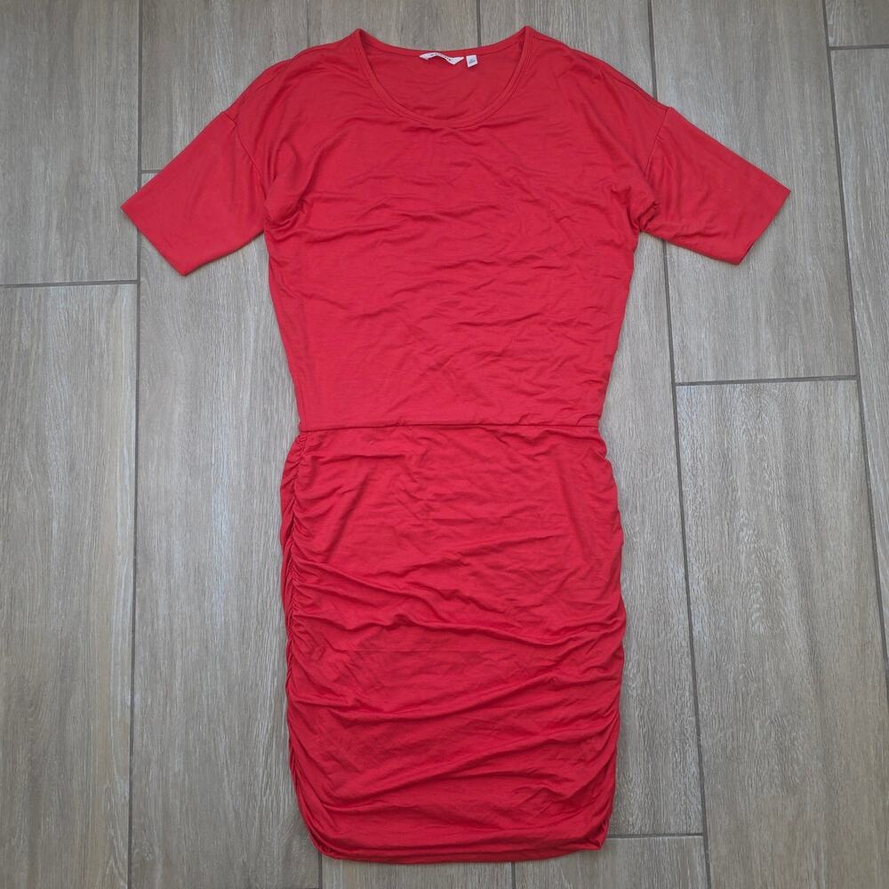 Athleta Dress Womens M Coral Pink Modal Wool Blend Ruched Long Sleeve Stretch